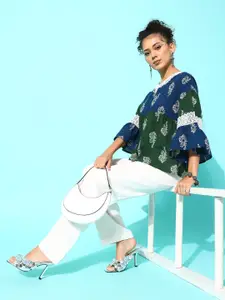 Sangria Printed Bell Sleeves Cotton Empire Top