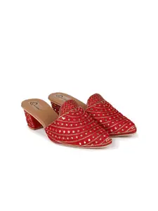 The Desi Dulhan Woven Design Pointed Toe Block Heels Mules