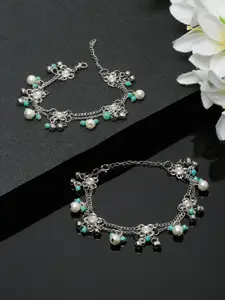 YouBella Set Of 2 Silver-Plated Beaded Anklets