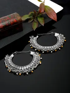 YouBella Set Of 2 Silver Plated Stone Studded & Beaded Anklets