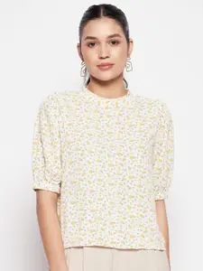Madame Hight Neck Puff Sleeves Floral Print Top