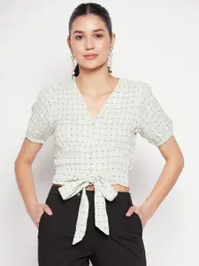 Madame V-Neck Geometric Print Tie-Up Shirt Style Crop Top