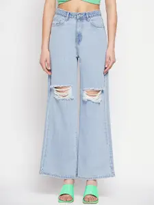 Madame Women Wide Leg Mid-Rise Mildly Distressed Heavy Fade Jeans