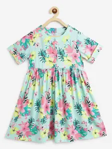 Campana Girls Short Sleeves Knee Length Fit and Flare Printed Viscose Rayon Dress