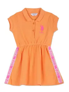 U.S. Polo Assn. Kids Girls Shirt Collar Brand Taped Cotton Fit and Flare Dress