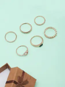DIVA WALK Set Of 6 Gold-Plated CZ-Studded Adjustable Finger Rings