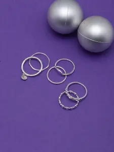DIVA WALK Set Of 6 Silver-Plated CZ-Studded Finger Rings
