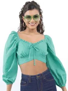 Tokyo Talkies Self Design Tie-up Detail Sweetheart Neck Puff Sleeves Fitted Crop Top