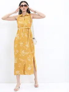 Vishudh Mustard Yellow Floral Tie-Up Neck A-Line Midi Dress