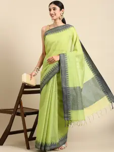 VISHNU WEAVES Lime Green & Navy Blue Linen Blend Taant Saree