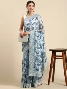 VISHNU WEAVES Blue Floral Organza Kovai Saree