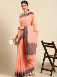 VISHNU WEAVES Orange & Black Linen Blend Taant Saree