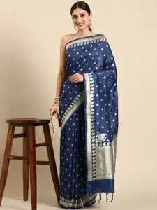 VISHNU WEAVES Navy Blue & Gold-Toned Woven Design Zari Silk Blend Banarasi Saree