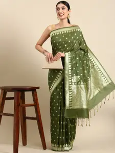 VISHNU WEAVES Olive Green & Gold-Toned Woven Design Zari Silk Blend Banarasi Saree