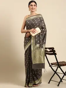 VISHNU WEAVES Charcoal & Gold-Toned Ethnic Motifs Zari Silk Blend Banarasi Saree