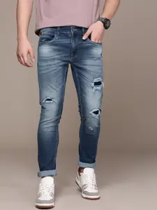 WROGN Men Slim Fit Mildly Distressed Heavy Fade Stretchable Mid-Rise Jeans