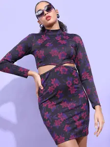 Tokyo Talkies Floral Printed High Neck Cut-Outs Bodycon Dress