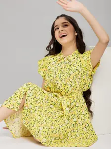 Stylo Bug Girls Shirt Collar Floral Printed Cotton Dress