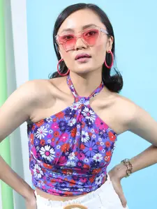 Tokyo Talkies Floral Print Halter Neck Crop Top