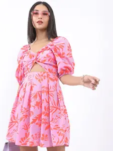 KETCH Floral Printed Twisted Cut-Out A-Line Dress