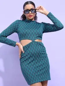 Tokyo Talkies High Neck Cut-outs Jacquard Sheath Dress