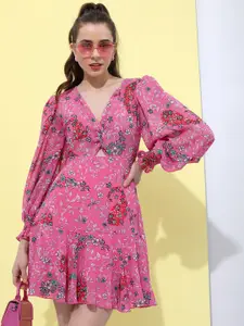 Tokyo Talkies Floral Printed V-Neck Puff Sleeves Cut-Outs Fit & Flare Dress