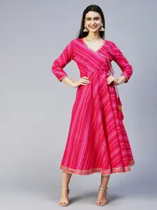FASHOR V-Neck Striped A-line Midi Cotton Ethnic Dress