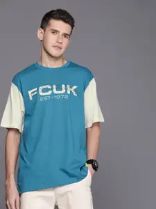 FCUK Men Pure Cotton Brand Logo Printed Drop-Shoulder Sleeves Oversized Fit T-shirt