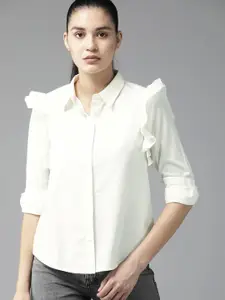 The Roadster Lifestyle Co. Women Pure Cotton Solid Ruffles Casual Shirt