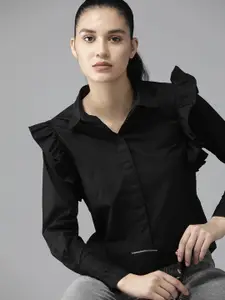 The Roadster Lifestyle Co. Women Pure Cotton Solid Ruffles Casual Shirt