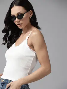 The Roadster Lifestyle Co. Solid Knitted Cami Crop Top With Lace Trim