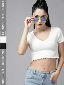 The Roadster Lifestyle Co. Pack Of 2 V-Neck Fitted Crop Top