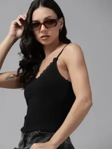 The Roadster Lifestyle Co. Solid Knitted Cami Top With Lace Trim