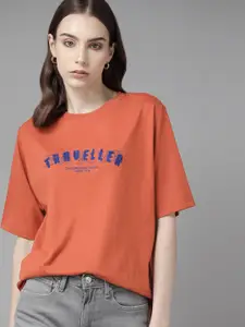 The Roadster Lifestyle Co. Embroidered Drop-Shoulder Sleeves Oversized Longline T-shirt