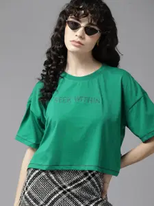 The Roadster Lifestyle Co. Typography Embroidered Drop-Shoulder Sleeves Boxy T-shirt