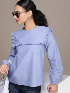 French Connection Puff Sleeve Ruffles Pure Cotton Top