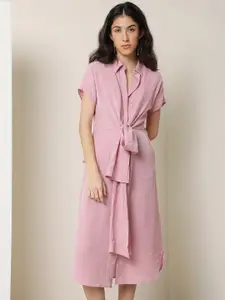 RAREISM Slits Shirt Collar Curved Extended Sleeves Knotted Shirt Dress