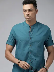 The Roadster Life Co. Solid Mandarin-Collar Cotton Linen Casual Shirt