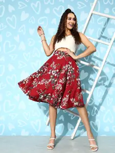 Berrylush Floral Print Flared High Rise A-Line Skirt
