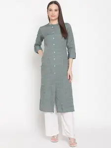 Be Indi Women Striped Woven Design Cotton Mandarin Collar Roll-Up Sleeves Kurta