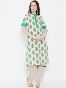 Be Indi Women Floral Printed Cotton Mandarin Collar High-Low Kurta