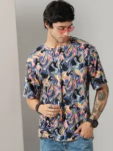 Rodzen Men Abstract Printed Loose Fitted Pure Cotton T-shirt