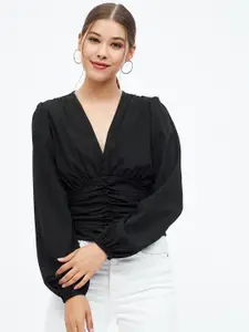 Harpa Gathered Puff Sleeves V-Neck Top