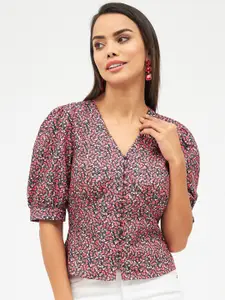 Harpa Coral Floral Printed V-Neck Shirt Style Top