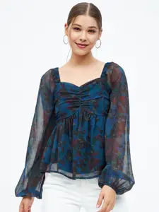 Harpa Floral Printed Sweetheart Neck Gathered Ruched Chiffon Empire Top