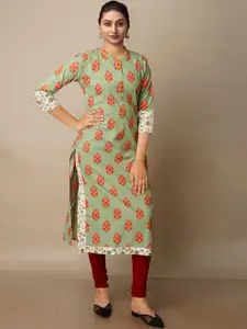 Unnati Silks Floral Printed Band Collar Handloom Cotton Kurta