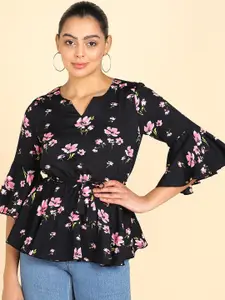 ZNX Clothing Floral Printed Bell Sleeves Cinched Waist Top