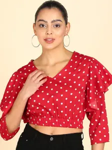 ZNX Clothing Polka Dots Printed Ruffles Blouson Crop Top