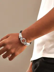 Roadster Men Silver-Plated Dragon Design & Braided Leather Bracelet