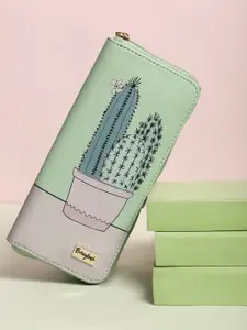 Berrylush Women Green & Pink Printed Zip Detail Zip Around Wallet